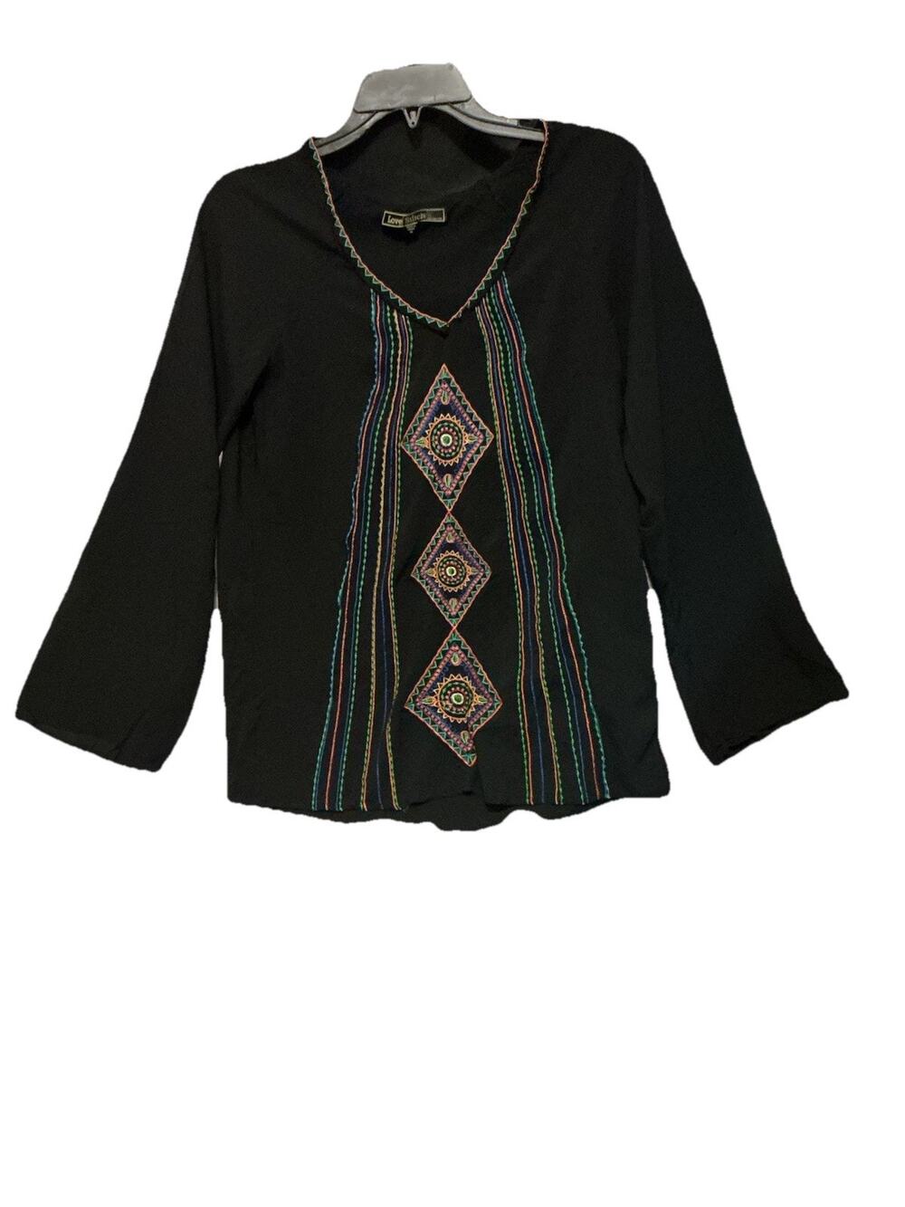 Love Stitch Top Black Embroidered Design SZ M Long Sleeves